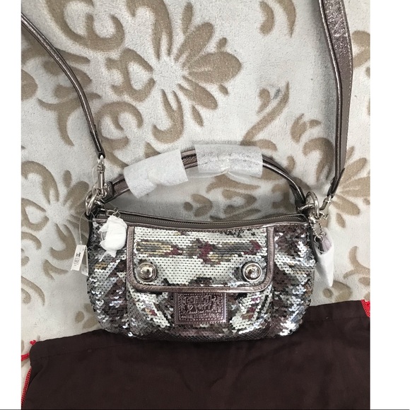 NWT RARE Coach gray sequin Poppy cross body bag - Picture 6 of 10